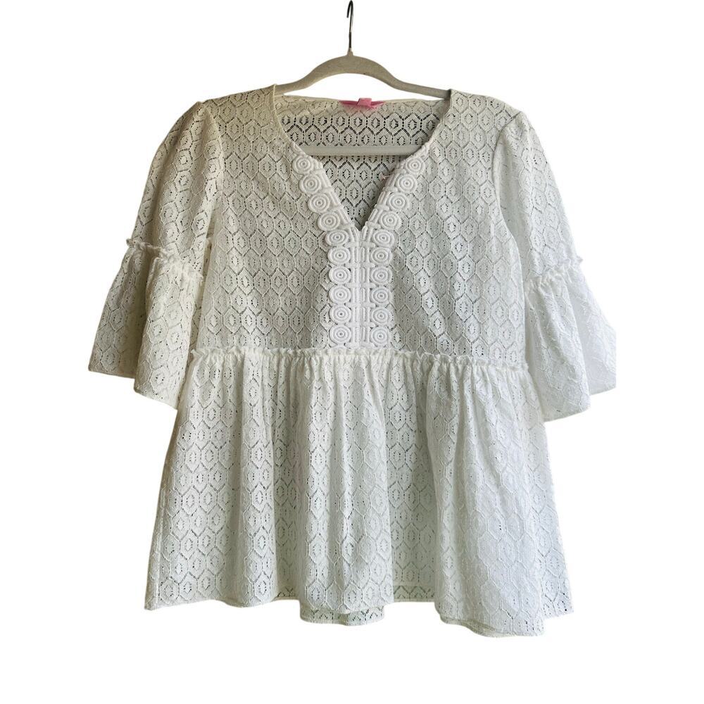 Lilly Pulitzer XXS White Lace Peasant Top Bell Sleeves Coastal Chic Resort Boho